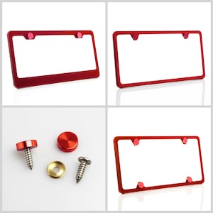 Powder Coated Red Stainless Steel License Plate Frame w/ Red Screw Caps + Hardware