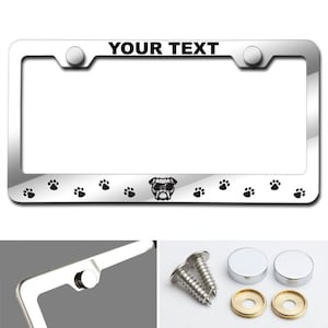 Dog face and paw print Customized Laser Engraved Stainless Steel License Plate Frame w/ Screw Caps (Arial Black font)