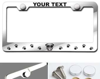 Cane faccia e zampa stampa personalizzato laser inciso inacciaio in acciaio invetro Tarinless License Plate Frame w / Screw Caps (arial nero font)