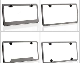 Electroplating Gun Metal Glossy Stainless Steel License Plate Frame w/ Black Screw Cap + Hardware