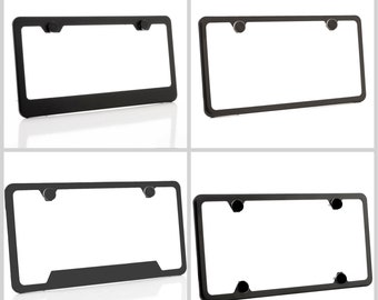 Powder Coated Matt Black Stainless Steel License Plate Frame w/ Black Screw Caps + Hardware