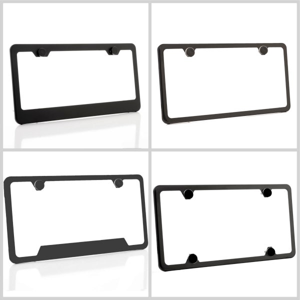 Powder Coated Matt Black Stainless Steel License Plate Frame w/ Black Screw Caps + Hardware