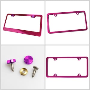 Powder Coated Hot Pink Stainless Steel License Plate Frame w/ Purple Screw Caps + Hardware