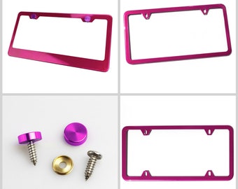 Cornice per targa in acciaio inossidabile rosa shocking con rivestimento a polvere e tappi a vite viola + ferramenta