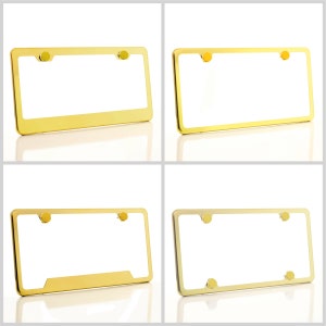 Electroplating Gold Glossy Stainless Steel License Plate Frame w/ Gold Screw Caps + Hardware