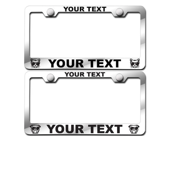 Cat / Dog face Customized Laser Engraved Stainless Steel License Plate Frame w/ Screw Caps (Arial Black font)