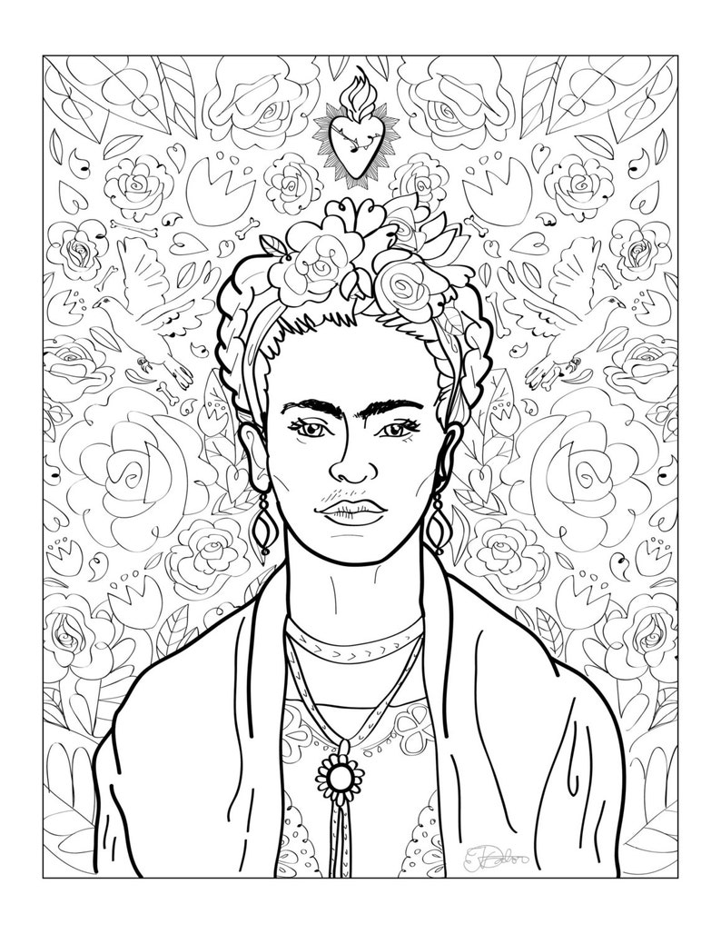 Frida Kahlo Art Print / adult coloring sheet / instant download printable print image 2