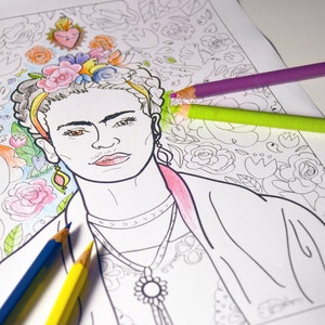 Frida Kahlo Art Print / adult coloring sheet / instant download printable print image 1