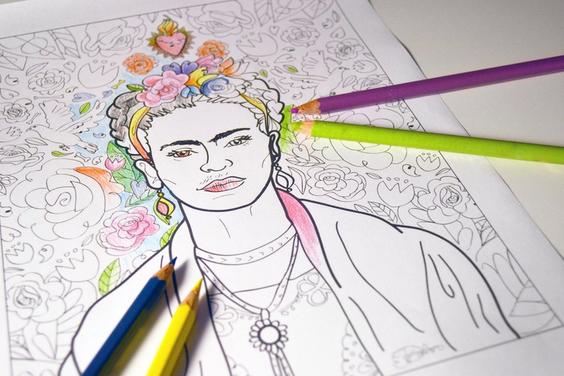 Frida Kahlo Art Print / adult coloring sheet / instant download printable print image 1