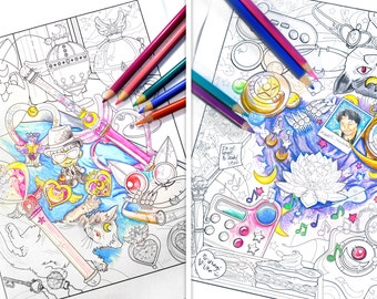 Sailor Moon and Sailor Chibi Moon fan art  coloring sheet / Sailor Moon printable art print instant download pdf