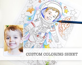 astronaut space custom funny coloring sheet, children's party, giveaway, gift, portrait