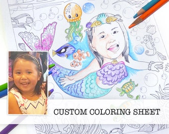 Mermaid custom funny coloring sheet , children's party, giveaway, grandparents gift, portrait