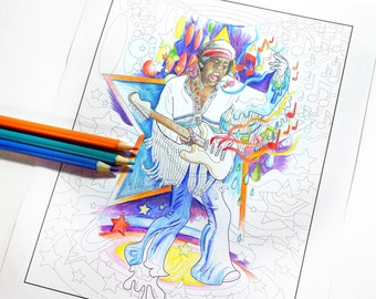 Jimi Hendrix at Woodstock psychadelic printable pdf adult coloring sheet / fan art print - download