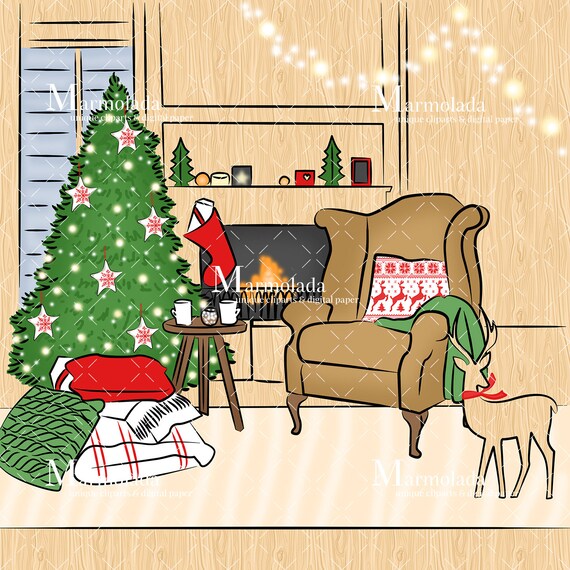 Download Christmas Scene Clipart Winter Clipart Red And Green Christmas Etsy