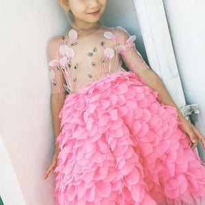 HAUTE COUTURE dress with pink shiffon skirt made of handmade leaves image 1