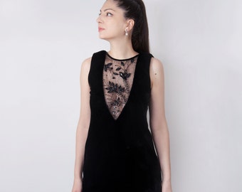 Black event dress, Velvet dress, Embroidery couture dress.