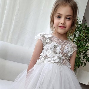 White Flower Girl, birthday girl, couture dress, handmade embroidery dress, application gold dress, tutu dress, gold dress