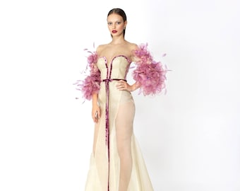 Silk organza dress - skin color with handmade silk flower sleeves