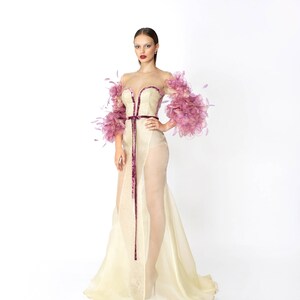 Silk organza dress - skin color with handmade silk flower sleeves