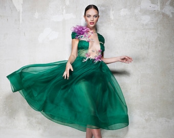 Silk organza dress with silk painted flowers decoration