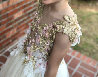 White Flower Girl, birthday girl, couture dress, handmade embroidery dress, application gold dress, tutu dress, gold dress