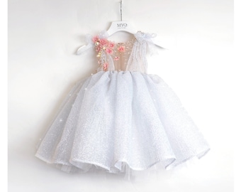 White - Silver Glitter Dress with Embroidery, Baby Birthday Dress
