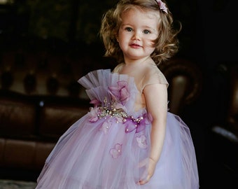 Baby Birthday Dress embroidered for One Year, Flowergirl Dress with tulle skirt