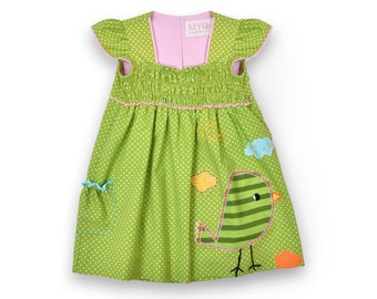 Polka dot dress, hand made embroidery dress, baby dress, birthday dress, green pink dress