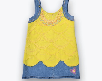 DENIM DRESS, yellow dress, indiana dress, hand made embroidery dress, fish dress, summer dress