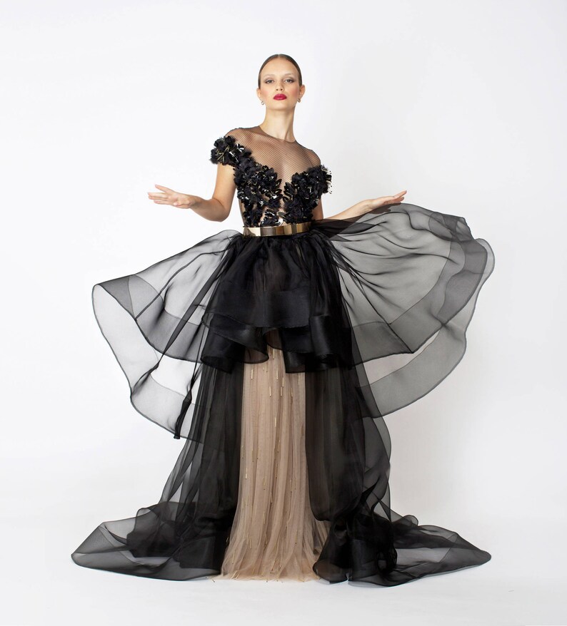 Black Organza Beaded Straps Short Party Dress, Black Organza High Low Formal Dress main image 1