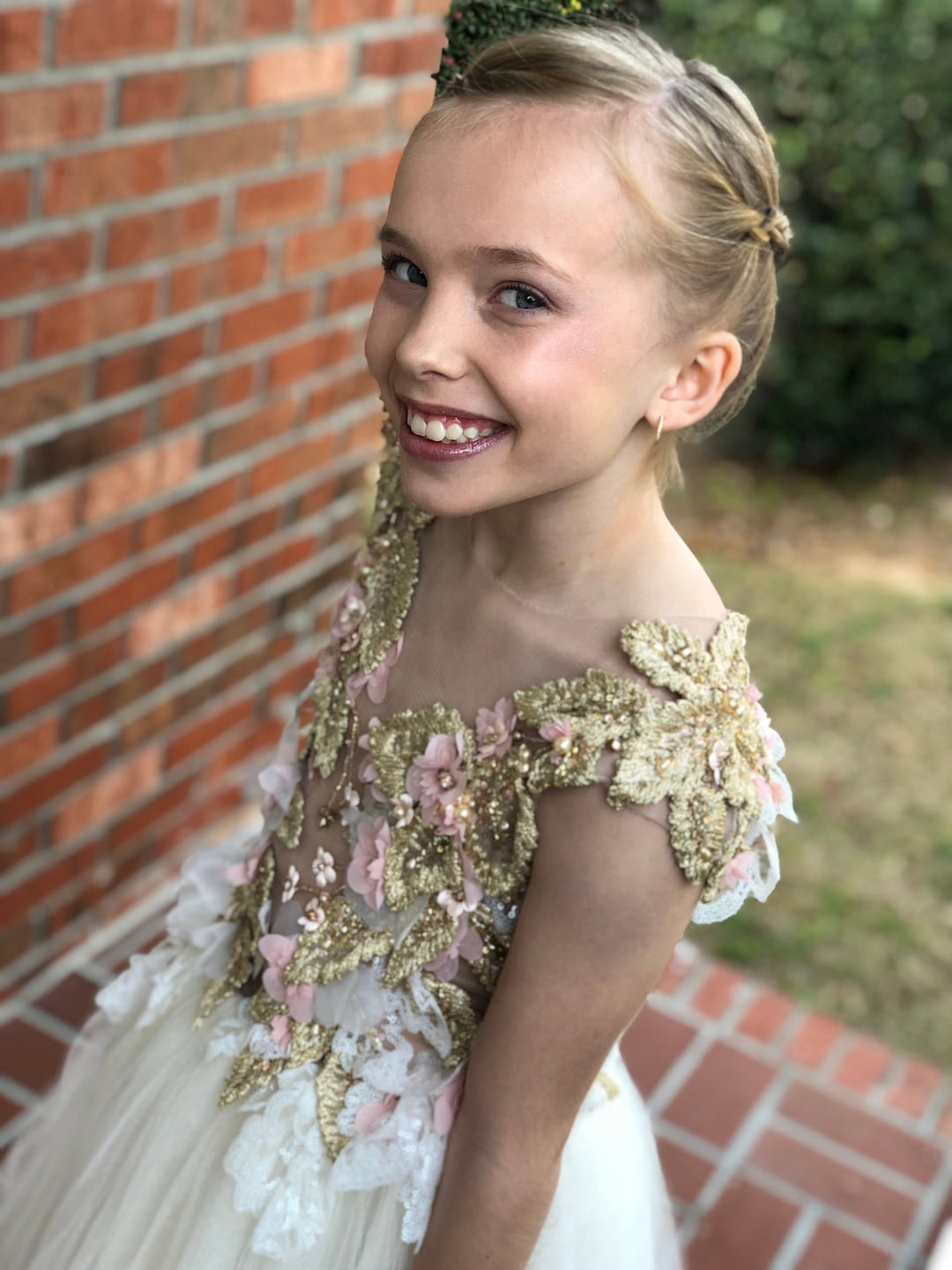 White Flower Girl, Birthday Girl, Couture Dress, Handmade Embroidery Dress, Application Gold