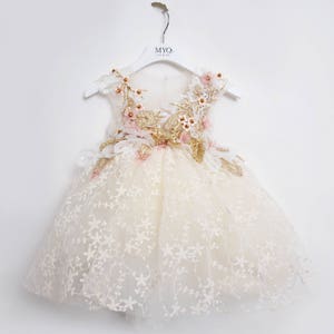 White Flower Girl, birthday girl, couture dress, handmade embroidery dress, application gold dress, tutu dress, gold dress