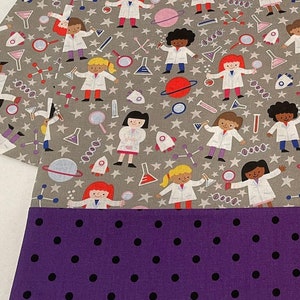 May include: Gray fabric with a repeating pattern of scientists wearing lab coats, holding beakers and magnifying glasses. The fabric has a purple polka dot border.