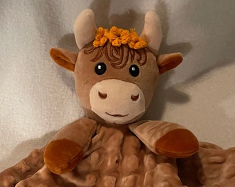 Girl Highland Cow Personalized/Flowers on Head/Brown Minky Baby Snuggle