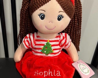 Christmas Plush Personalized Doll/Red Dress/Brown Curly Hair/Embroidered Personalization