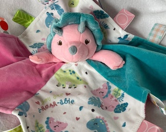 Pink Dino Personalized Plush Baby Lovey/Embroidered Sensory Snuggle Blanket