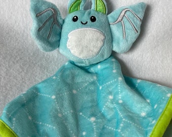 Blue Bat Personalized Baby Lovey With Crinkle Wing/Embroidered Sensory Plush/Halloween Gift