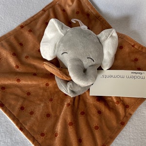 Sleepy Grey Elephant Personalized Plush Lovey/&quot;Gerber&quot; Security Blanket-Brown Sun Print/Baby Snuggle/Shower/Birthday/Christmas Gift