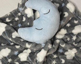 Sleeping Moon Personalized Plush Lovey/Smiling Moon Security Blanket/Baby Snuggle