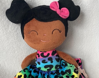Ethnic Rag Doll/Personalized Plush Figure with Rainbow Leopard Dress