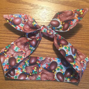Faixa de cabeça retrô de páscoa/laços em torno da cabeça/jovem-adulto/coelhinhos de chocolate e ovos de páscoa estampados/páscoa/presente de aniversário/rts