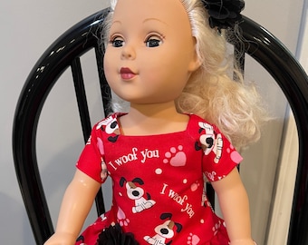 2 Pc Set 18 Inch Doll Outfit: Red Puppy Print Dress & Black Hair Clip