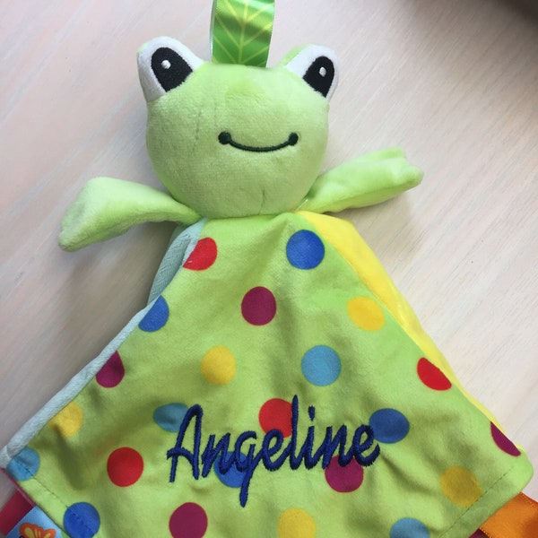 Plush Frog with Rattle and Tags/"Taggies" Personalized Lovey/Security Blanket/Baby Snuggle/Baby Christening/Birthday/Easter/Christmas Gift