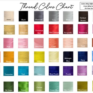 K&ouml;nnte beinhalten: Eine Garnfarbkarte zeigt eine Vielzahl von Garnfarben, darunter Wei&szlig;, Schwarz und verschiedene Braunt&ouml;ne, Rosa, Blau und Gr&uuml;n. Die Karte enth&auml;lt den Text "Thread Colors Chart" und einen Haftungsausschluss bez&uuml;glich Farbvariationen.