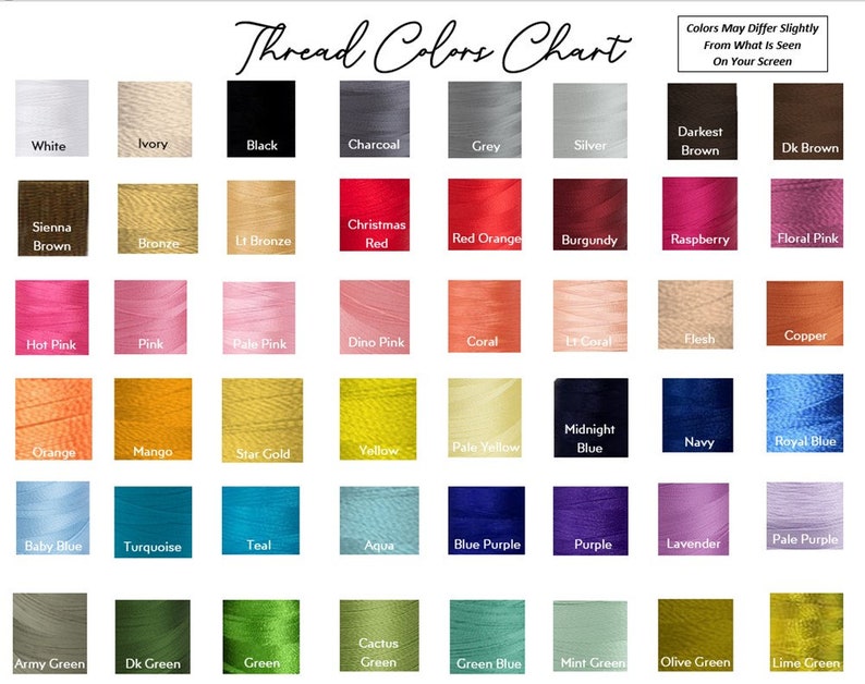 K&ouml;nnte beinhalten: Eine Garnfarbkarte zeigt eine Vielzahl von Garnfarben, darunter Wei&szlig;, Schwarz und verschiedene Braunt&ouml;ne, Rosa, Blau und Gr&uuml;n. Die Karte enth&auml;lt den Text "Thread Colors Chart" und einen Haftungsausschluss bez&uuml;glich Farbvariationen.