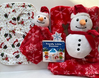 Santa Snowman 7 pc Gift Set/Personalized Lovey+Blanket+Bib+Bookmark/1st Christmas/Plush Snowman/Burp Cloth/Shower/Birthday/Christmas Gift
