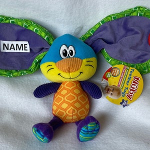 Playful Bunny Personalized Lovey-Rattle-Teether/&quot;Nuby&quot; Multi-Sensory Rabbit Security Blanket/Activity/Baby Shower/Christmas/Birthday Gift
