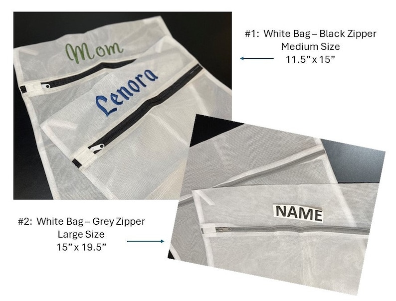 K&ouml;nnte beinhalten: Wei&szlig;e W&auml;schebeutel aus Mesh mit schwarzen und grauen Rei&szlig;verschl&uuml;ssen. Ein Beutel ist mit "Mom" in gr&uuml;ner Stickerei versehen, ein anderer mit "Lenora" in Blau. Der mittelgro&szlig;e Beutel ist 29.2 cm x 38.1 cm, der gro&szlig;e Beutel ist 38.1 cm x 49.5 cm. Ein dritter Beutel hat ein "NAME"-Etikett.