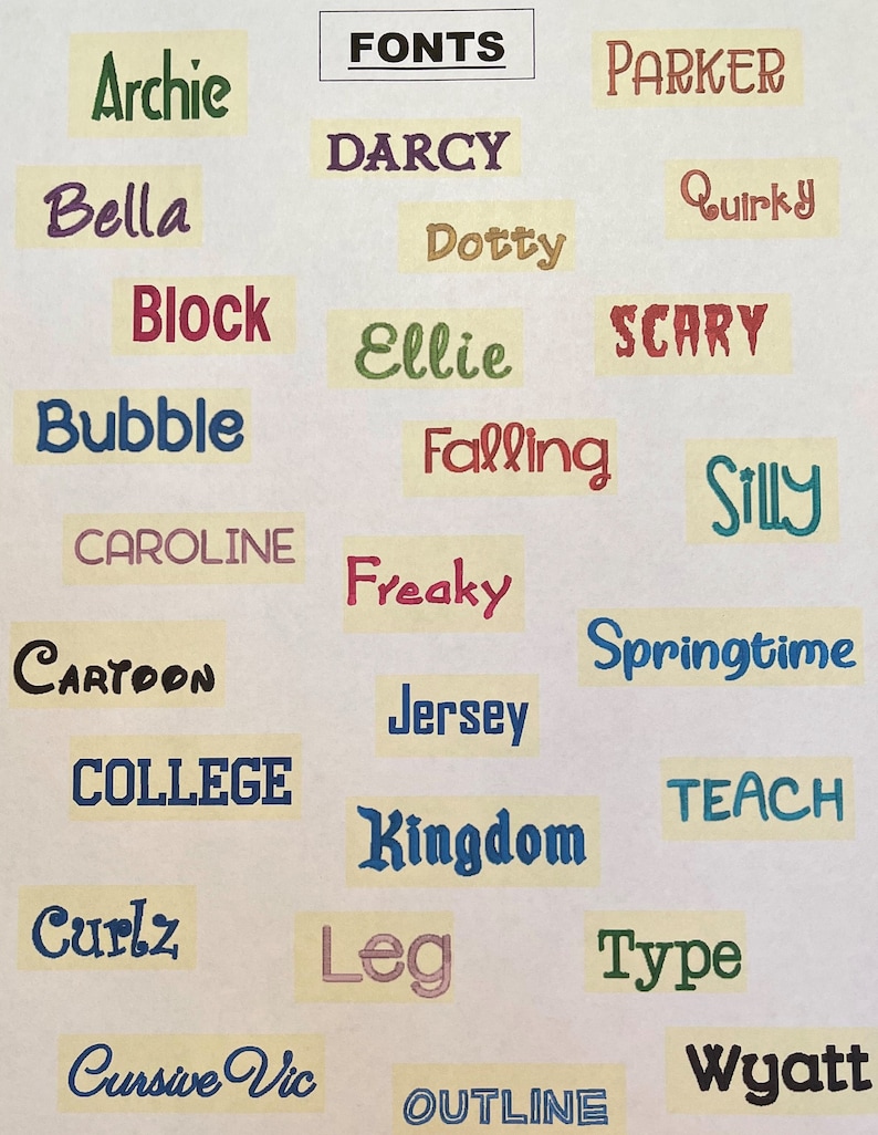 K&ouml;nnte beinhalten: Eine Sammlung von Schriftarten auf wei&szlig;em Hintergrund. Das Wort "FONTS" befindet sich in einem schwarzen Feld oben. Verschiedene Schriftarten sind zu sehen, darunter "Archie", "Bella", "Block" und "Bubble", jeweils in unterschiedlichen Farben und Stilen.
