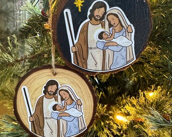 Handmade Nativity Wood Slice Ornament: Baby Jesus, Holy Family